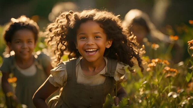 A group of Black children play tag in the tall grass of a lush meadow. Their laughter and joy fills the air and their faces are brightly