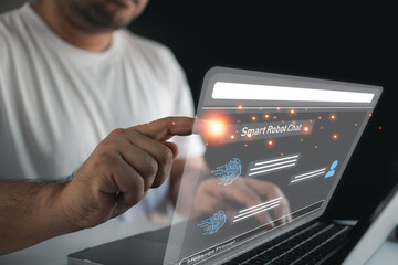 Person chatting with a smart AI using an artificial intelligence chatbot developed by OpenAI. Artificial intelligence. Futuristic technology transformation, searching for education. Help solve.