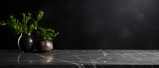 Empty Black Marble Tabletop Countertop on Black wall Background , stone table ,vase with plant in side , Mock Up Display Montage Product , abstract background,white