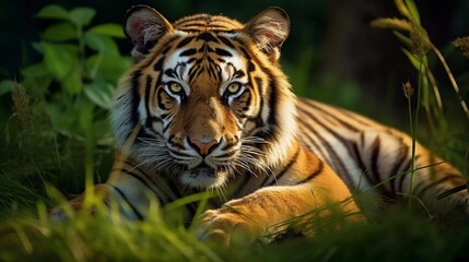 Realistic photo of a Siberian tiger relaxing in the grass. Beautiful, dynamic photo. generative ai