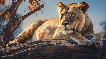 realistic photo of Lioness lying on a rock. A relaxed predator looks into the distance. generative ai