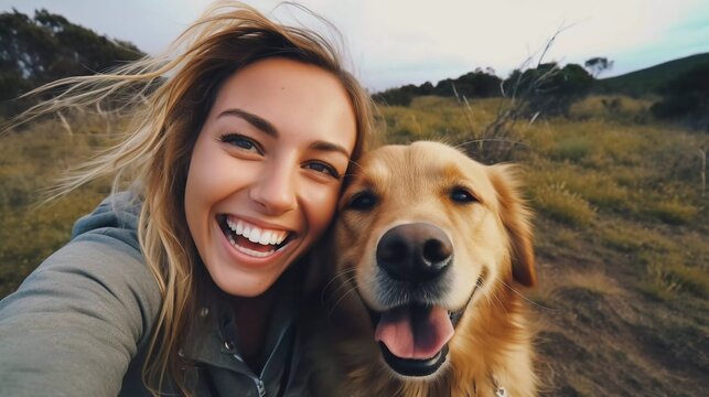 realistic photo of beautiful excited woman taking selfie with her happy dog, posing looking at the camera. generative ai