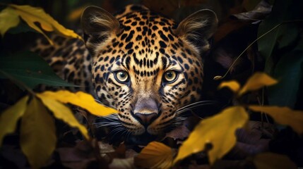 realistic photo A leopard hiding in the leaves in the forest shows its face with emphasis on its eyes. Dramatic feeling. generative ai