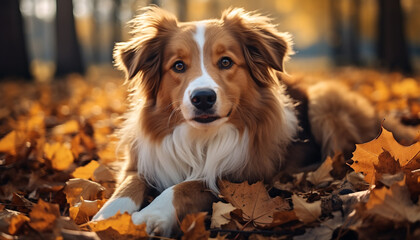 Cute puppy playing in autumn forest, loyal and cheerful generated by AI