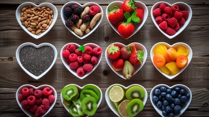 Naklejka premium Heart-shaped dishes filled with a variety of superfoods, including fruits, nuts, and seeds, on a wooden background for healthy living.