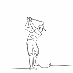 A single line drawing of a sporty young golfer hitting the ball using a golf club vector graphic illustration. Healthy exercise concept. Modern continuous line drawing design for golf tournament poste
