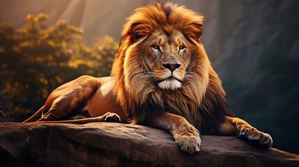 realistic photo of a male Lion lying on a rock. A relaxed predator looks into the distance. generative ai
