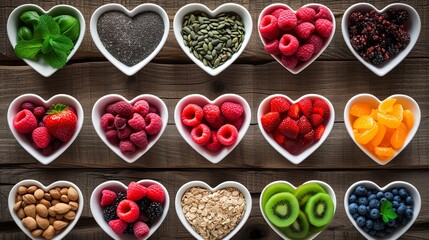 Heart-shaped dishes filled with a variety of superfoods, including fruits, nuts, and seeds, on a wooden background for healthy living.