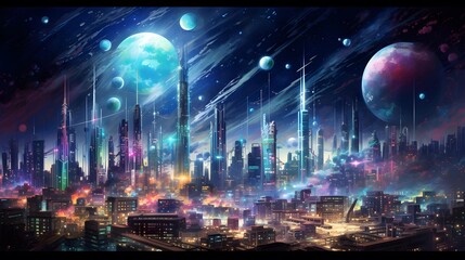 Futuristic city at night with full moon and stars. Vector illustration
