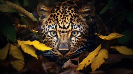 realistic photo A leopard hiding in the leaves in the forest shows its face with emphasis on its eyes. Dramatic feeling. generative ai
