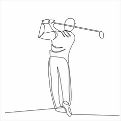 A single line drawing of a sporty young golfer hitting the ball using a golf club vector graphic illustration. Healthy exercise concept. Modern continuous line drawing design for golf tournament poste