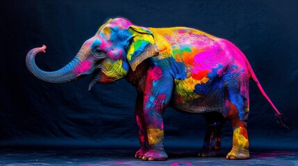 Colorful Elephant Standing in Front of Black Background
