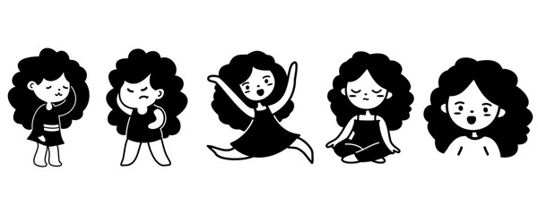 Set black cute girl cartoon character icon vector design
