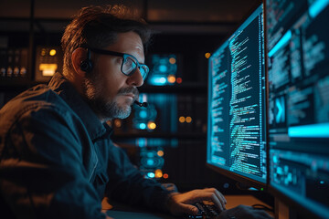 A cybersecurity expert analyzing lines of code on a computer screen, searching for vulnerabilities in software, in a focused, dimly lit office environment