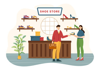 Shoe Store Vector Illustration with New Collection Men or Women Various Models or Colors of Sneakers and High Heels in Flat Cartoon Background
