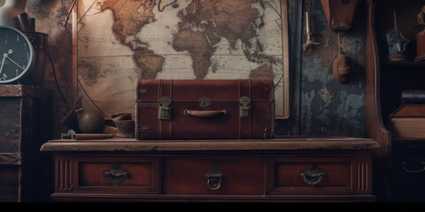 one of a suitcase on a desk with a map, generative AI