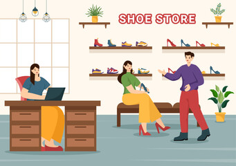 Shoe Store Vector Illustration with New Collection Men or Women Various Models or Colors of Sneakers and High Heels in Flat Cartoon Background
