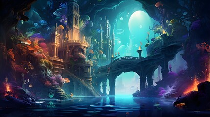 Fantasy landscape with a fantasy castle and bridge. 3d illustration