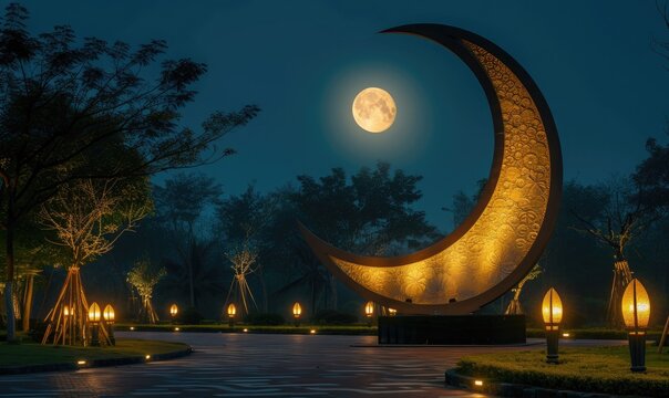 crescent moon monument in city park - ramadan background