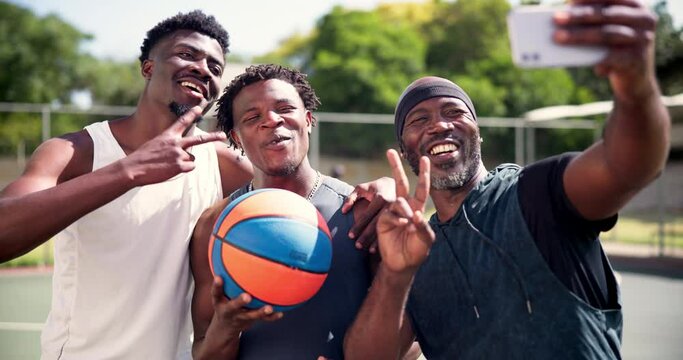 Basketball court, people and selfie for sport, outdoor and happy with peace sign for post on web blog. Men, athlete group or team with photography, memory and profile picture on app for social media