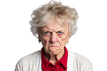 Angry belligerent senior woman looking at the camera white background PNG 