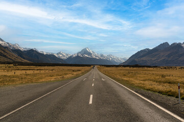 Mount Cook road heading to the snow capped alps in the Aoraki Mt Cook National Park
