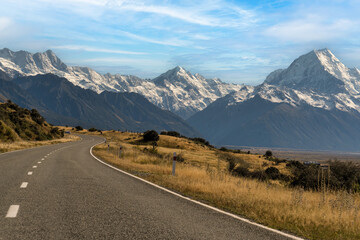 Mount Cook road heading to the snow capped alps in the Aoraki Mt Cook National Park