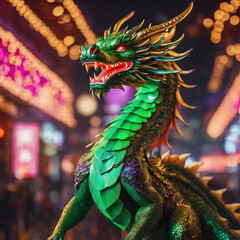 Fototapeta premium A large green dragon with horns as a symbol of 2024, red open mouth, on the background of neon city advertising, 3D