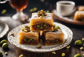 baklava pistachio Midye syrup Baklava plates coffee sugar Desserts