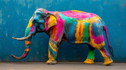 Obraz premium Painted Elephant Standing in Front of Blue Wall