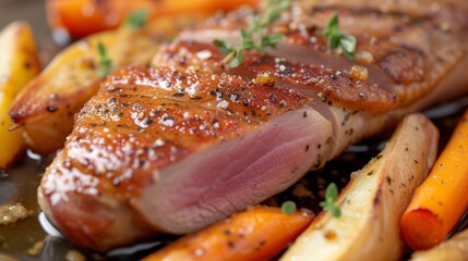 Glazed duck breast perfectly seared and served with parsnips and carrots, drizzled with honey