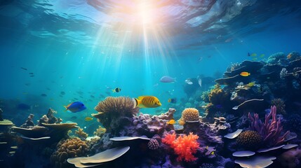 Underwater panorama of coral reef with fishes and tropical fish. Underwater world.