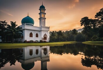 Fototapeta na wymiar reflections Kubu view Selangor Malaysia Mosque Kuala Beautiful Darul Quran sunset sunset