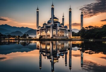 Fototapeta na wymiar reflections Kubu view Selangor Malaysia Mosque Kuala Beautiful Darul Quran sunset sunset