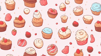 Seamless pattern with cupcakes and strawberries. Vector illustration.