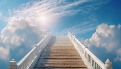 Stairway to the sky with beautiful clouds. the atmosphere is white and light blue.