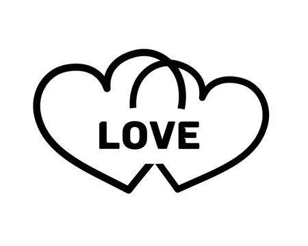 Beautiful romantic design of a pair of intertwining heart outlines together, with the word love inside