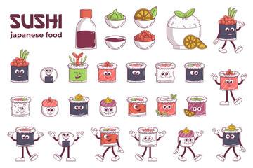 Vintage Japanese food characters big set Sushi, Rolls and more groovy style. Cartoon design stickers seafood for bar, restaurant. Retro vector illustration.