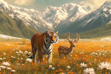 illustration of a walking tiger and deer, a symbol of peace and truce - obrazy, fototapety, plakaty
