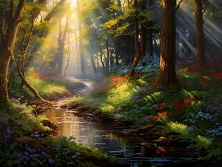 Beautiful panoramic view of a small stream in a forest at sunrise