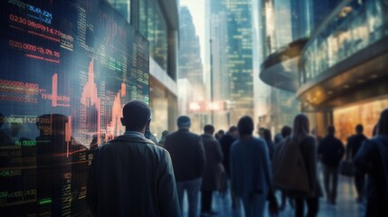 Blurred scene of people in a city looking at a digital stock market display, 