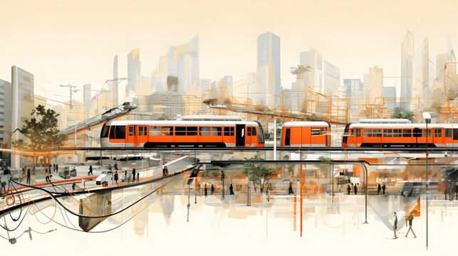 Digital painting of a train crossing a river in Bangkok, Thailand.