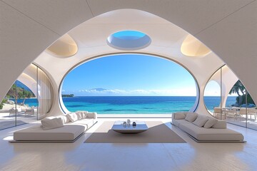 Fototapeta premium Luxurious yacht interior, overlooking a clear blue ocean, embodying sophistication and high-end lifestyle. Generative AI
