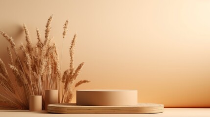A wooden podium and dried flowers for product demonstrations on a beige background , a pedestal for advertising eco-style products