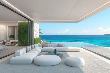 Fototapeta premium Luxurious yacht interior, overlooking a clear blue ocean, embodying sophistication and high-end lifestyle. Generative AI