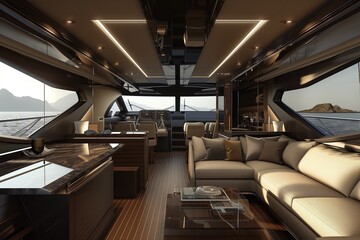 Luxurious yacht interior, overlooking a clear blue ocean, embodying sophistication and high-end lifestyle. Generative AI