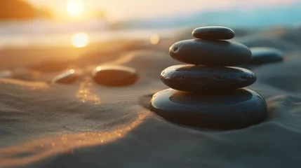 Photo sur Aluminium Pierres dans le sable Zen stones with lines in the sand harmony and peace spa background. Therapy concept. 