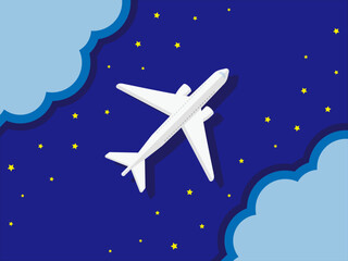Obraz premium 旅行のイラスト、星が美しい夜空を飛ぶ飛行機。フライト中の旅客機を真上から描いたベクター素材。