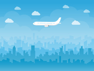 旅行のイラスト、晴れた日の空を飛ぶ飛行機。フライト中の旅客機と街並みを描いたベクター素材。