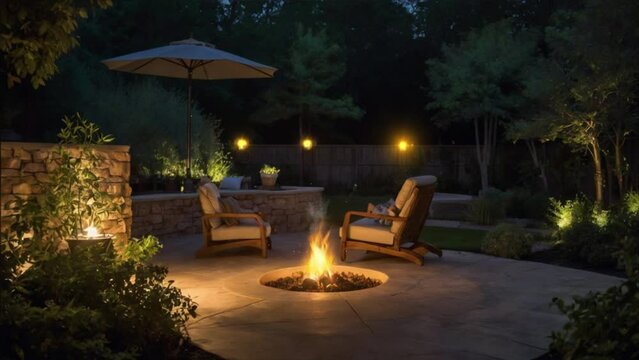 Evening Tranquility: Cozy Backyard Retreat Aglow with Warmth and Firelight